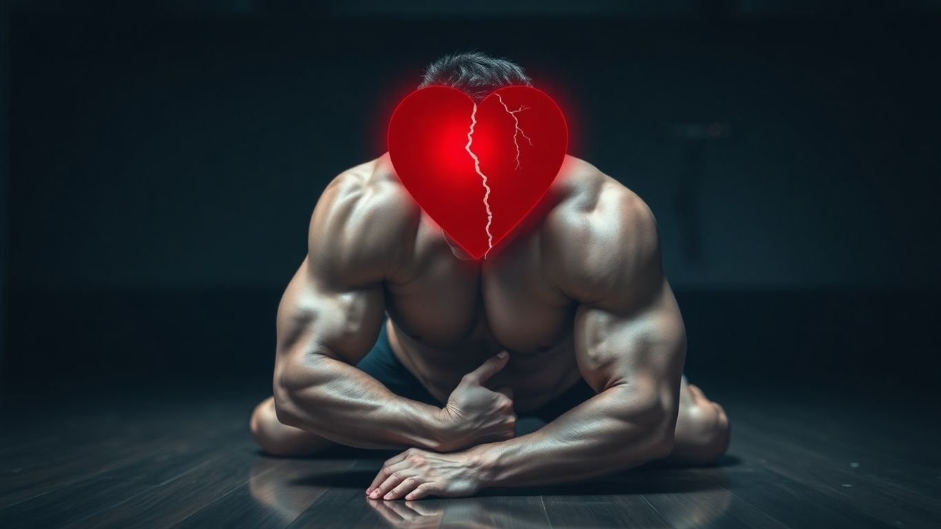 Bodybuilder collapses, heart graphic, health concerns.