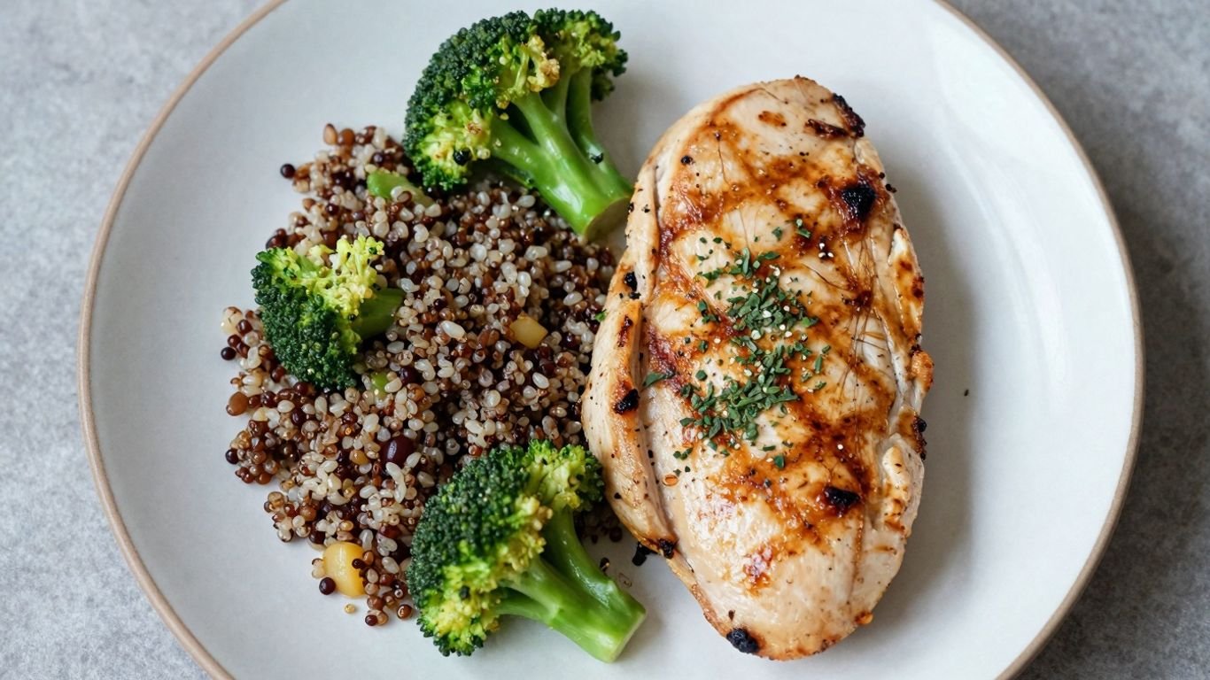 High-protein meal with chicken, broccoli, and quinoa.