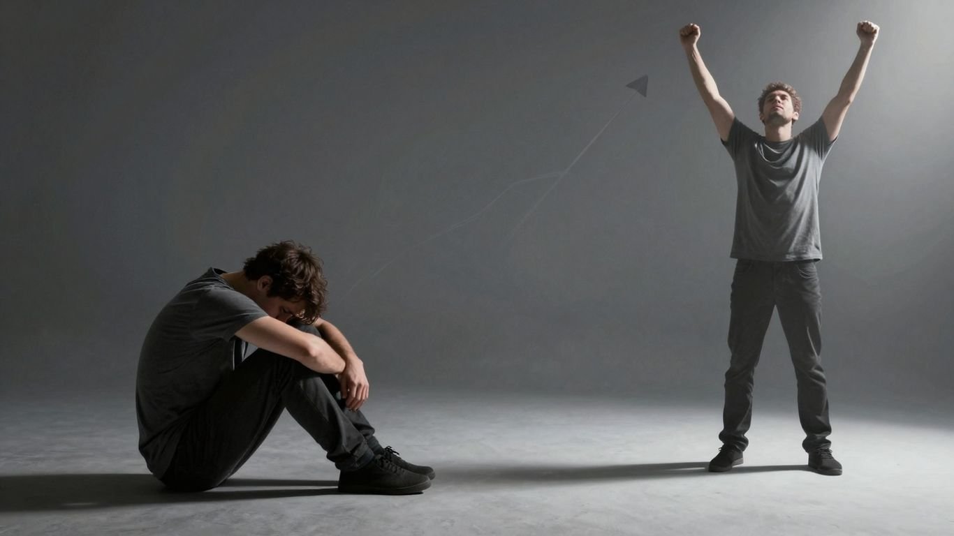 Figure's journey from despair to triumph.