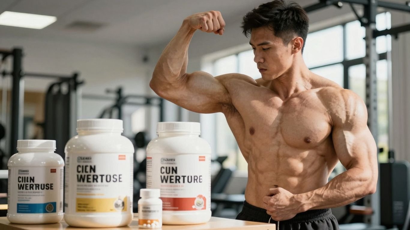 Muscular bodybuilder with supplements in a gym.